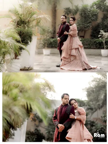 This layout combines a formal couple portrait with a more intimate, candid embrace. It shows the different facets of their relationship against a lush, green backdrop.