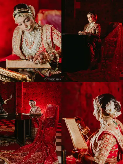 An artistic collage of the bride in a dramatic red-lit room, writing a letter, creating a cinematic and storytelling feel.