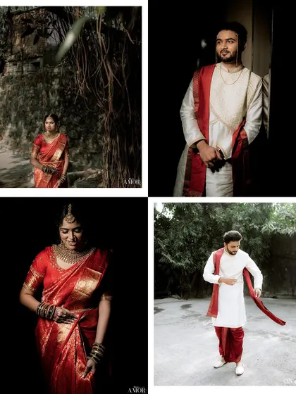 A quad of portraits showcasing both the bride and groom individually. The dramatic lighting and natural backdrops create a cinematic feel for their wedding day looks.