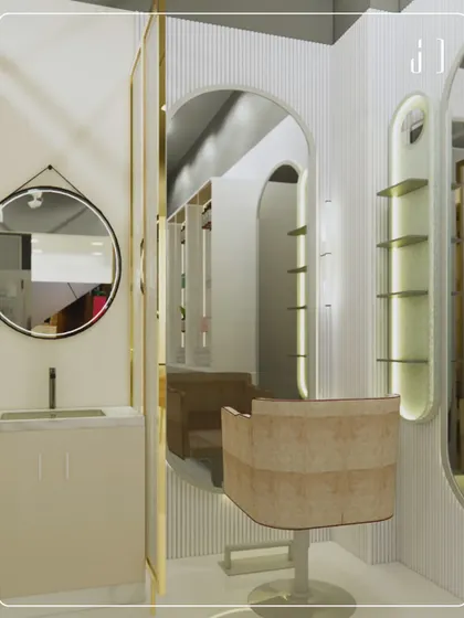 The styling station in a modern salon. I used a mix of round and arched mirrors with integrated shelving to create a look that is both unique and practical for the stylists.