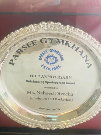 A close-up of the "Outstanding Sportsperson Award" presented to Ms. Naheed Divecha by the Parsi Gymkhana.