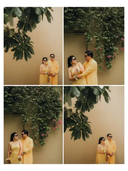 A four-photo collage capturing candid and romantic moments of a couple at their outdoor Haldi celebration.