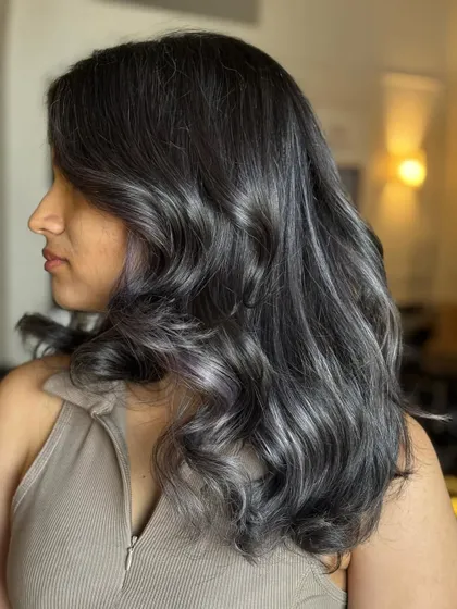 Another angle of the Ash Lilac look, showing how the color shifts in the light. It's a beautiful blend of ashy and pastel tones.