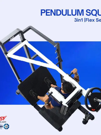 An angled top-down view of the pendulum squat function, highlighting the machine's unique arc of motion.