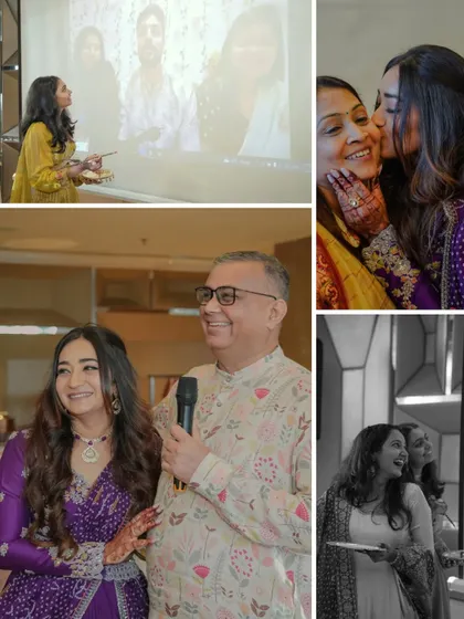 A collage telling the story of a virtual engagement. It shows the bride celebrating with her family, while the groom joins on screen, proving that love transcends distance.