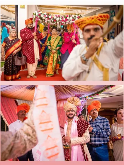 A collage showing the groom's entrance and the bride's arrival, capturing the energy and tradition of a Maharashtrian wedding procession.