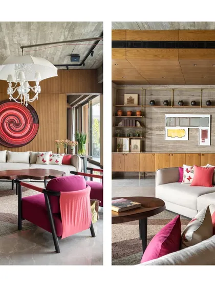 A diptych showing two angles of the vibrant first-floor lounge in the K Residence. This view highlights the contrast between the playful, colourful elements and the sophisticated architectural details like wood paneling and stone-clad walls, a balance we strive for in our designs.