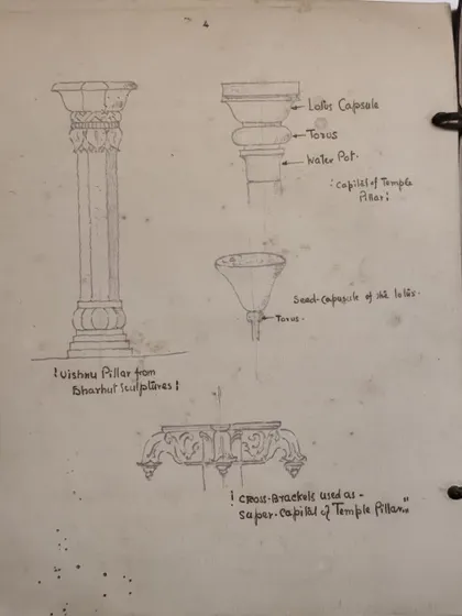 More detailed sketches of ancient Indian pillar designs by our grandfather, architect G.B. Mhatre. This level of historical study and documentation is a reminder of the deep roots of our craft.