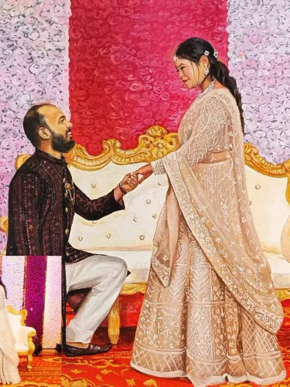 This shows how a candid proposal shot can be transformed into a grand, romantic oil painting. I can adjust the composition and background to create the perfect scene.