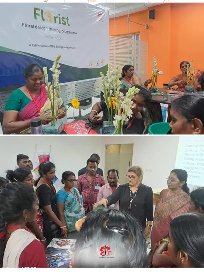 Day 1 of our CSR initiative in Nellore. The top image shows participants learning to handle flowers, while the bottom image captures our instructor giving a hands-on demonstration to an engaged group, setting the stage for their learning journey.