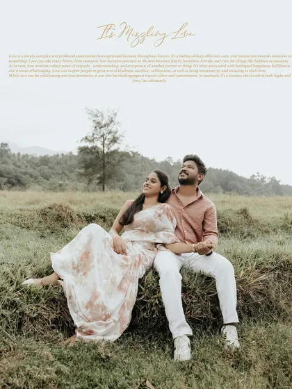 A wide shot of a couple relaxing in a field, with a beautiful quote about love.