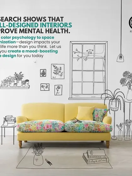 This graphic illustrates how well-designed interiors, guided by principles like Vastu and color psychology, can improve mental health and create a mood-boosting home.