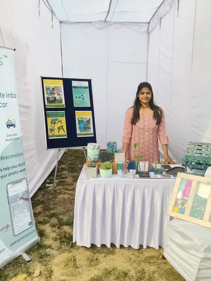 Our co-founder Sonal standing proudly at our exhibition booth. We are always ready to share our story and inspire others to make more conscious choices.