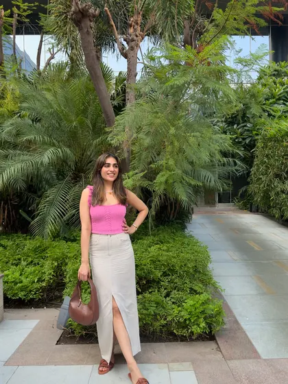 A full-length shot of the outfit, perfect for a summer lunch.