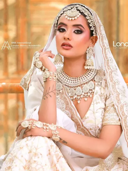 Create elegant and modern looks with our collection. This stunning ivory and white lehenga, paired with a matching Kundan jewellery set, is perfect for makeup artists wanting to showcase a sophisticated, contemporary bridal style in their portfolio.