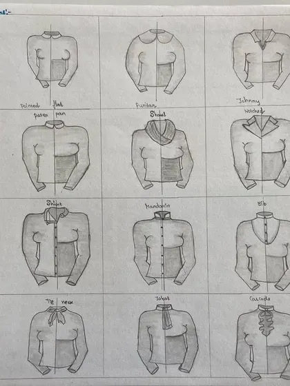 A study of various collar types, from a basic shirt collar to more elaborate designs. Collars are crucial as they frame the face.