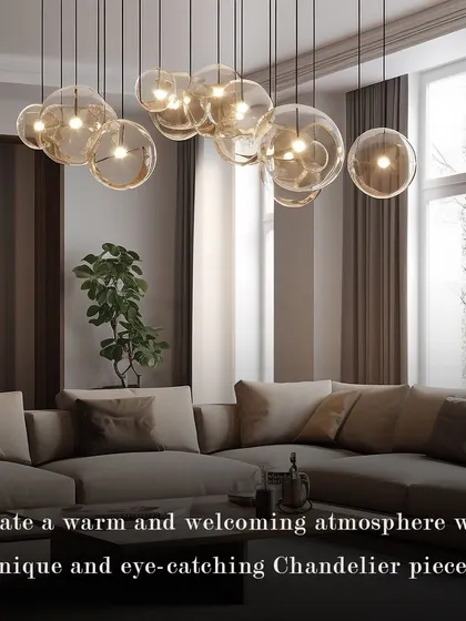 A unique and eye-catching chandelier with bubble-like glass globes can create a warm and welcoming atmosphere in a modern living room.