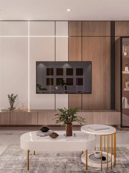 A full view of the 'Eleganza' TV unit, which includes a glass-fronted display cabinet for showcasing decor.
