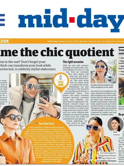 Featured in Mid-Day again, this time discussing how to choose the right sunglasses for your face shape and the top eyewear trends for the summer.