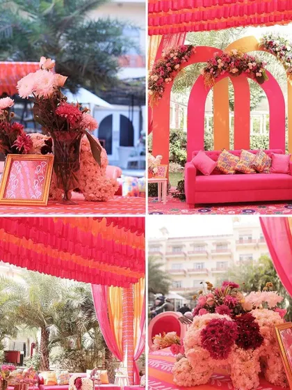 A collage showcasing a Mehendi ceremony designed with a radiant sunset theme. The decor is blooming with hues of orange and pink, creating a warm and vibrant ambiance for the couple and their guests.