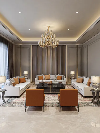 A wider view of the formal living room shows the balanced composition of neoclassical moldings, modern furniture, and a large opening to the garden. This blend of styles and the connection to the outdoors create a space that is both striking and inviting.