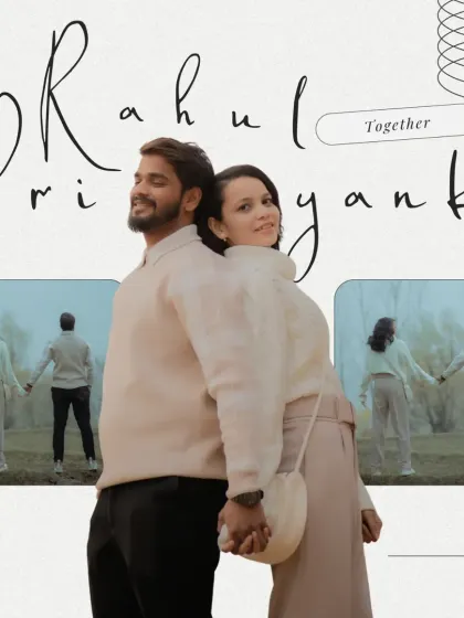 A beautifully designed graphic featuring Rahul and Priyanka. The main photo of them standing back-to-back, holding hands, is a powerful symbol of their partnership and togetherness.
