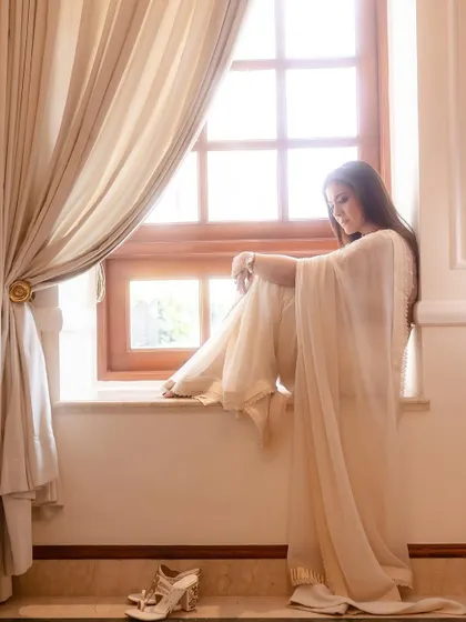 A full-length view showing the complete look, from the elegant drape of the saree to the statement heels. This is a perfect example of effortless grace for a formal event.