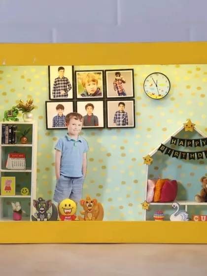 This yellow miniature box is perfect for a child's birthday. It's decorated with a birthday banner, teddy bears, and photos of the birthday boy.
