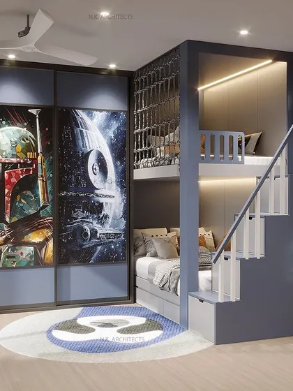 For the little superhero in your life. This blue-themed kids' room features Star Wars posters on the wardrobe and a custom bunk bed with a staircase, creating a space where imagination can take flight.