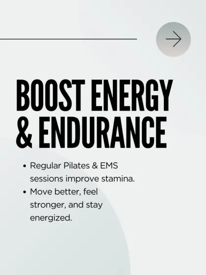 This graphic explains how regular Pilates and EMS sessions boost energy and endurance, helping you feel stronger.