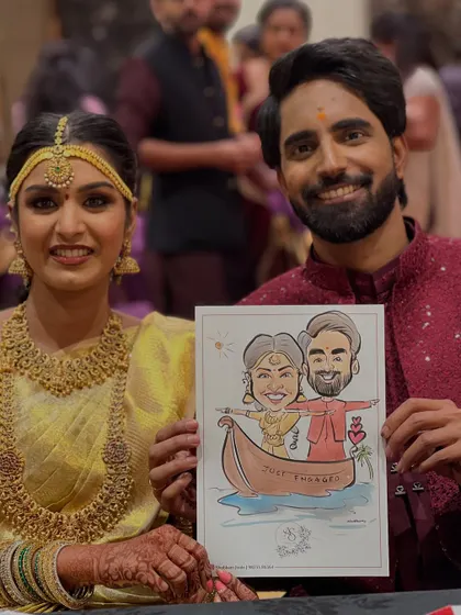 A beautiful moment from a South Indian engagement. I created this special caricature for the couple, showing them in a boat to celebrate their journey together. It's an honor to add a personal, artistic touch to such an important day.