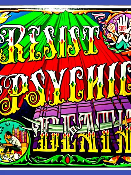 A powerful message, "Resist Psychic Death," painted with dramatic lettering and symbolic imagery. This piece blends social commentary with my traditional art style.