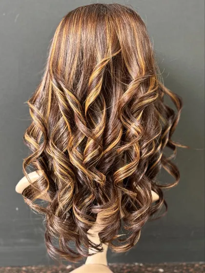Our creamy blonde customized wig, seen from the back. The color is glamorous enough for a party but soft enough for everyday wear.
