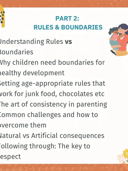 Part 2 of my parenting workshop focuses on Rules & Boundaries. We cover the difference between the two, why kids need them, and how to use natural consequences.