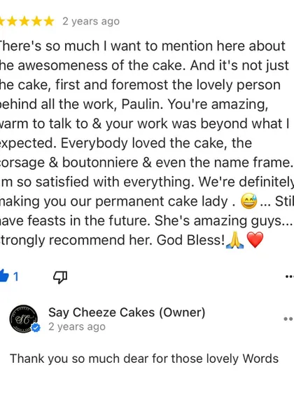 A review from the happy couple who ordered the golden floral wedding cake. Feedback like this makes all the hard work worth it and reminds me why I love being a "permanent cake lady."