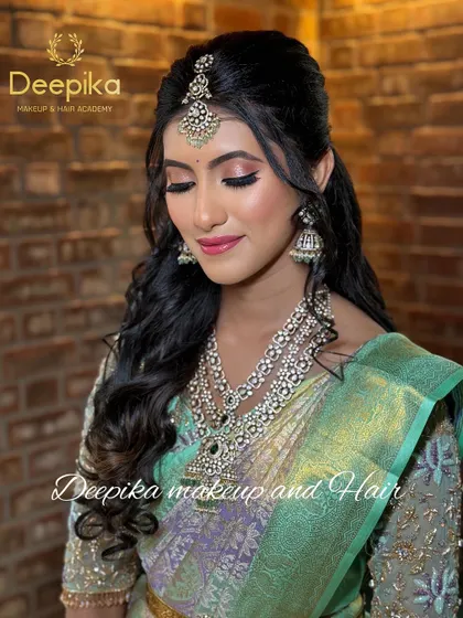 A close-up of the US bride's reception makeup, featuring soft pink tones and glowing skin.