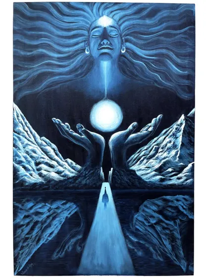 Titled 'The Awakening', this conceptual piece explores the spiritual journey of realizing the divine within oneself. I used deep blue hues and symbolic imagery to represent the path to enlightenment. It’s the kind of art that invites reflection and conversation.