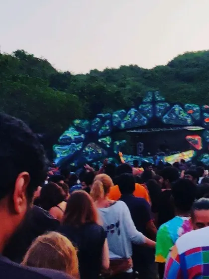 The crowd at Karacus Maracus, with its unique, organic-looking stage design. The whole vibe is about being deep in nature and deep in the music.