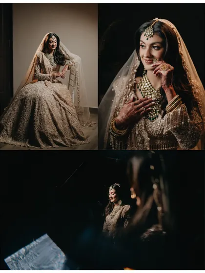 A collage of Raashi's bridal portraits, showcasing different moods and angles. The use of dramatic lighting and reflections highlights our creative approach to capturing the bride's beauty.