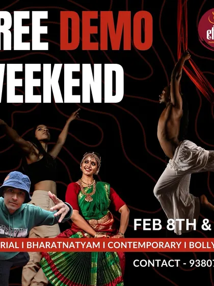 Our Free Demo Weekend is a fantastic opportunity to try multiple dance styles. This poster announces demos for Aerial, Bharatanatyam, Contemporary, and Bollywood.