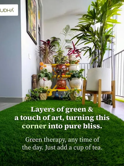 Layers of green and a touch of art turn this corner into pure bliss. This is green therapy, any time of the day. Just add a cup of tea.