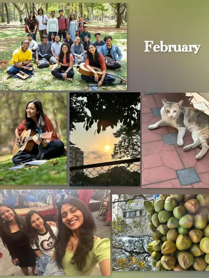 A collage from February, featuring a jam session in the park with fellow musicians.