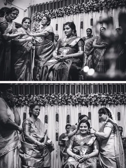 The rituals and preparations for a baby shower, captured in classic black and white to emphasize the tradition and emotion of the event.