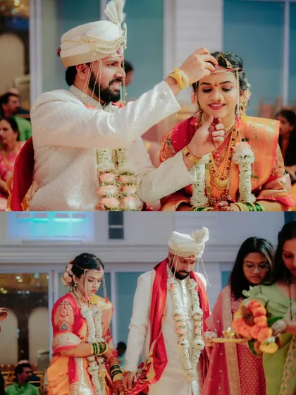 A collage showing key moments from a Maharashtrian wedding ceremony, from the groom placing the mangalsutra to the couple walking together.