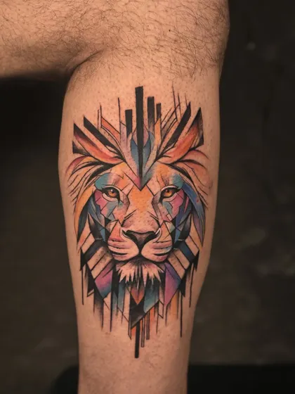 A modern interpretation of a lion's head using geometric abstraction. The face is constructed from colorful, sharp-edged shapes, resulting in a vibrant and contemporary tattoo that stands out.