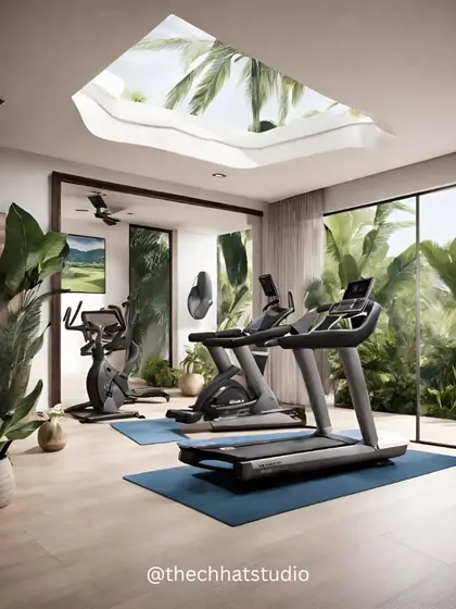 This home gym design uses a large skylight and expansive windows to flood the space with natural light. The layout provides ample room for equipment while maintaining a connection to the serene palm trees outside.