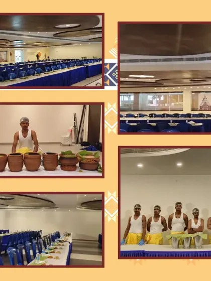 This is how we prepare for a traditional 'pangat bhojan' or community feast. The long rows of tables are set with banana leaves, ready for guests to be seated and served in a manner that reflects the dining style at the Jagannath temple.