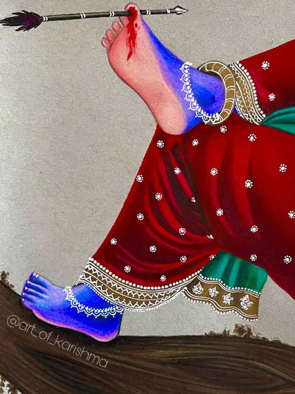 "Is jeevan mein na kuch khota hai na vyarth hota hai." (In this life, nothing is ever lost or wasted.) A poignant piece depicting the end of Krishna's earthly journey, completed in four hours.