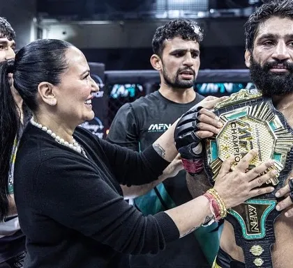 The moment of triumph. Our champion Sanjeet Budhwar receives his MFN featherweight title belt after a grueling five-round war. This is the reward for relentless dedication.