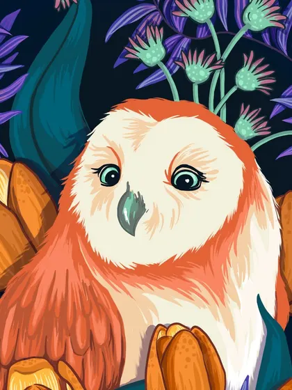 A close-up of the barn owl's face from my digital illustration. I focus on capturing a gentle expression and intricate feather details.